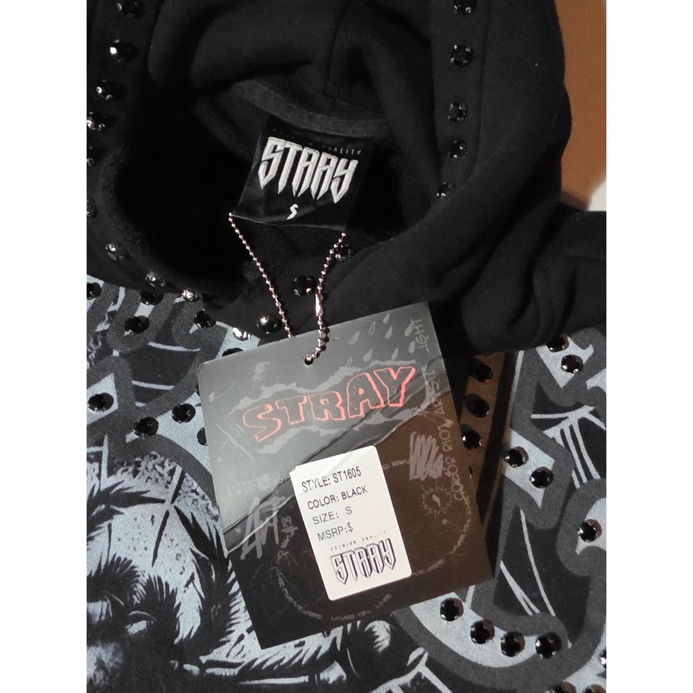 Stray Black Spider Web Rhinestone Hoodie Mens Small Gothic Streetwear - Picture 6 of 6